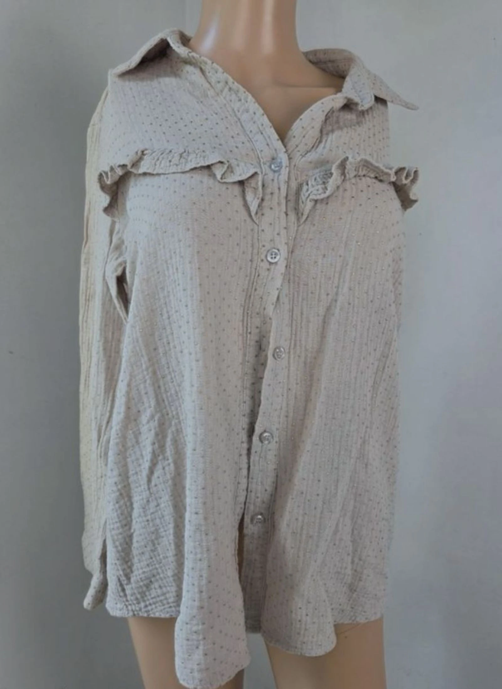 Beige cotton gauze shirt/blouse with ruffles and golden details - Jubylee size 36/38 – photo 2